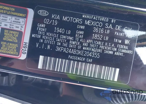 2019 Kia Rio Lx из США, поврежденный, VIN 3KPA24AB3KE204355